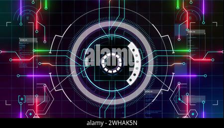 Image of processing circle over integrated circuit and colorful lights in digital space Stock Photo
