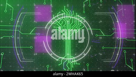 Image of integrated circuit over data processing on digital screen with circles and glitch Stock Photo
