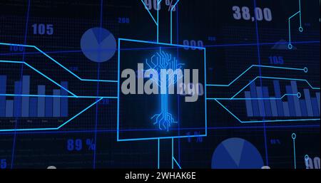Image of integrated circuit over data and graphs on digital screen Stock Photo