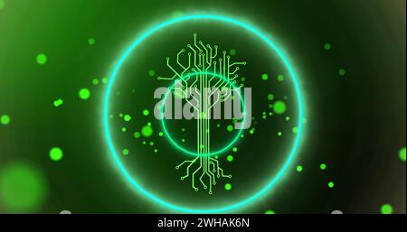 Image of neon circles over integrated circuit and dots in digital space Stock Photo