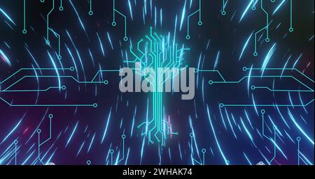 Image of integrated circuit over lights in black digital space Stock Photo