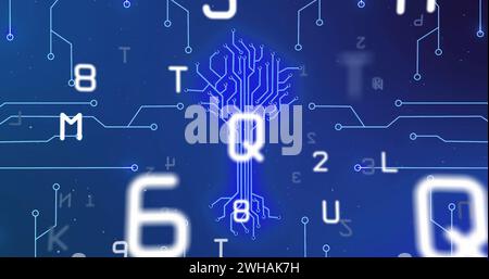 Image of integrated circuit over numbers and letters on digital screen Stock Photo