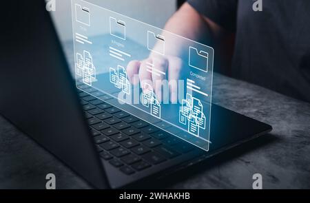Woman use software for project management on laptop with hologram interface. Business developer. Futuristic concept tool for fast changes. Stock Photo