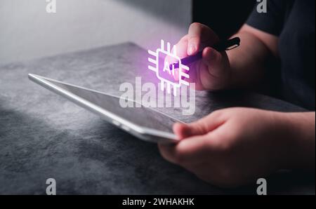 Woman use digital tablet with the power of AI chip hologram. Chat Bot Artificial Intelligence. Stock Photo