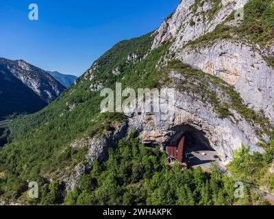 entrance of the cave of Niaux, Vicdessos valley, Niaux, department of Ariège, Pyrenean mountain range, France Stock Photo