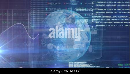 Image of data processing over globe spinning on blue background Stock Photo