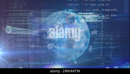 Image of data processing over globe spinning on blue background Stock Photo