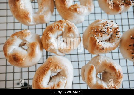 Sourdough bagels on rack, everything or plain Stock Photo