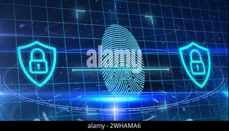 Image of biometric fingerprint and online security padlocks on blue background Stock Photo