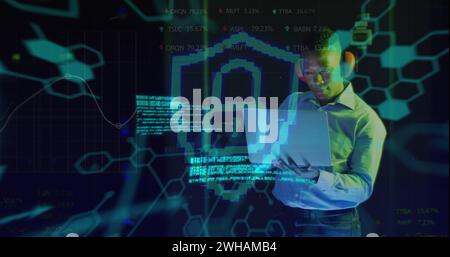 Image of data processing over african american male worker in server room Stock Photo
