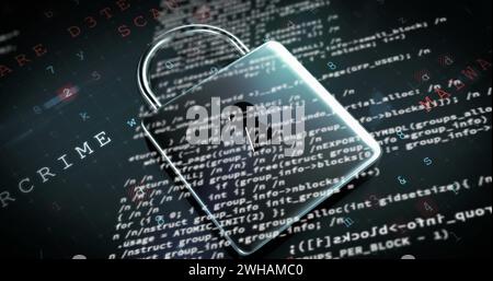 Image of padlock and data processing on black background Stock Photo