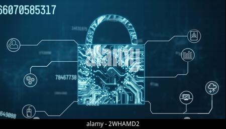 Image of padlock of connections and numbers on blue background Stock Photo