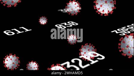 Image of coronavirus cells and numbers on black background Stock Photo