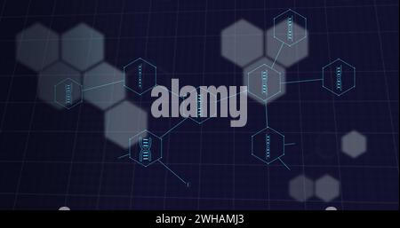 Image of shapes and network of connections with dna strands on black background Stock Photo