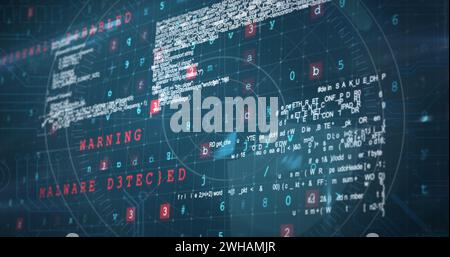 Image of data processing with cyber attack warning text and scope scanning Stock Photo