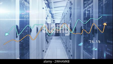 Image of graphs and lights over servers Stock Photo