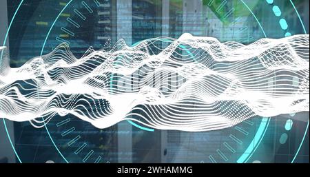 Image of data, processing circle and waves over servers Stock Photo