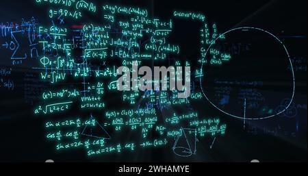Image of mathematical formulae and scientific data processing over black background Stock Photo