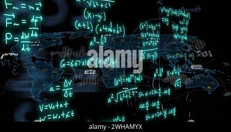 Image of mathematical formulae and scientific data processing over black background Stock Photo