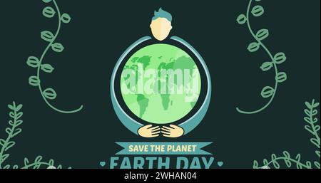 Image of man holding globe and plants on black background Stock Photo