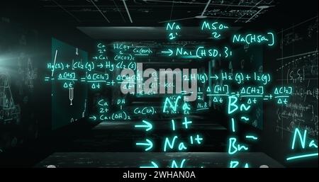 Image of mathematical formulae and scientific data processing over black background Stock Photo