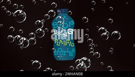 Image of bubbles over bottle with stop using plastic on black background Stock Photo