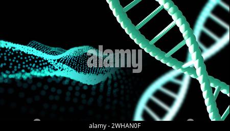 Image of dna strands spinning with copy space over black background Stock Photo