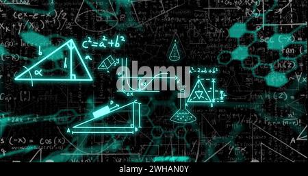 Image of mathematical formulae and scientific data processing over black background Stock Photo