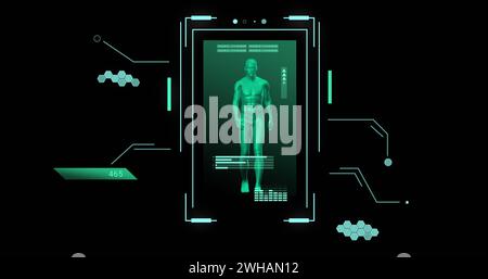Image of human body and scientific data processing over black background Stock Photo