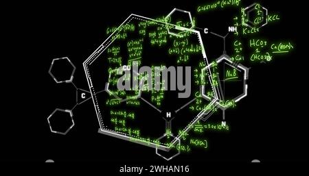 Image of mathematical formulae and scientific data processing over black background Stock Photo