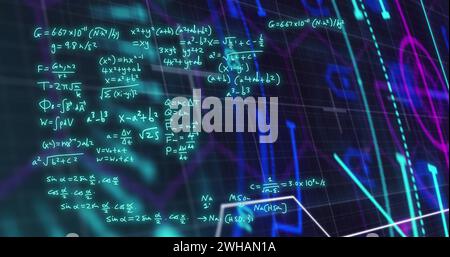 Image of mathematical formulae and scientific data processing over black background Stock Photo