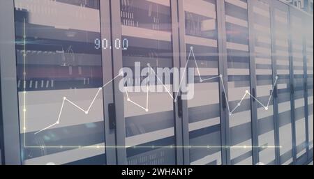 Image of graphs and numbers over servers Stock Photo