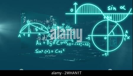 Image of mathematical formulae and scientific data processing over black background Stock Photo