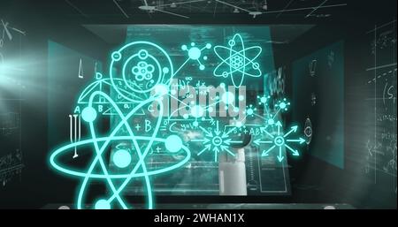 Image of molecules and scientific data processing over black background Stock Photo