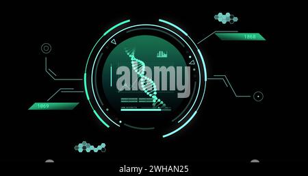 Image of dna strand and scientific data processing over black background Stock Photo