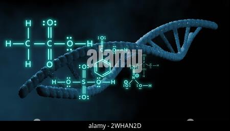 Image of dna strand and scientific data processing over black background Stock Photo