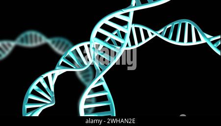 Image of dna strands spinning with copy space over black background Stock Photo