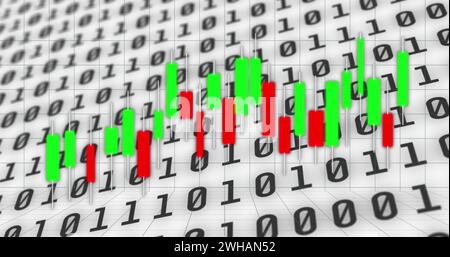 Image of graphs and binary code on white background Stock Photo
