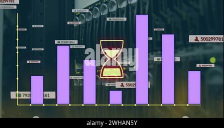 Image of graphs and hourglass over servers Stock Photo