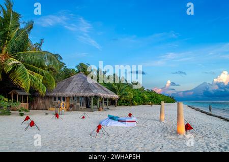 Beach of the the luxury hotel Six Senses Laamu maldives luxury resort villas, Laamu Atoll region Maldives Stock Photo