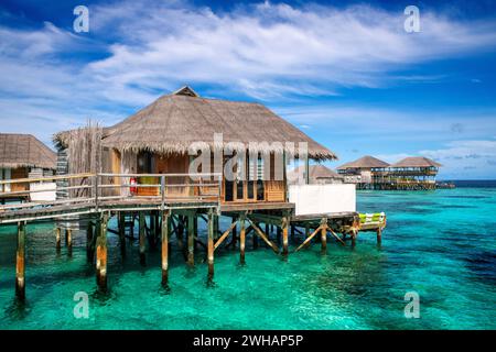 Luxury ower water villas of Six Senses Laamu maldives luxury resort villas, Laamu Atoll region Maldives Stock Photo