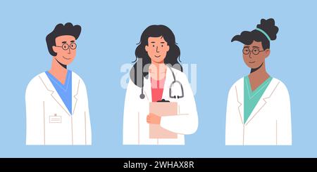 Diverse smiling doctors, nurses, paramedics. Portraits of male and female medic workers in uniform with stethoscopes and medical history notepad Stock Vector