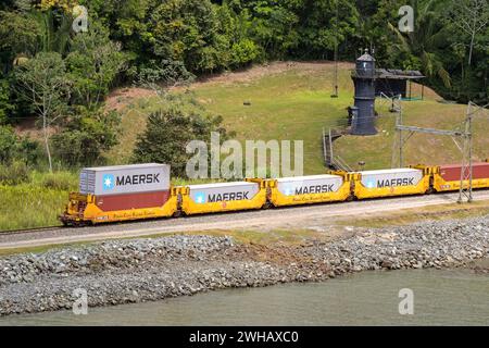 Panama - 22 January 2024: Freight train of wagons carrying shipping containers on the Panama Canal Railway Stock Photo