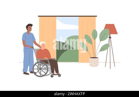 Residential care facility. A caretaker with old man on wheelchair. A bedroom in nursing home, retirement home. Scene of elderly person with social Stock Vector