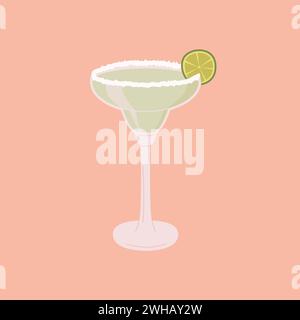 Margarita cocktail with salt and wedge of lime isolated on background. Classic alcoholic beverage in Mexico. Glass of drink with lemon. Vector flat Stock Vector