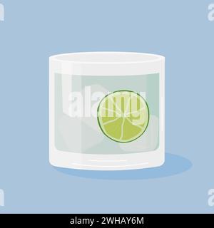 Gin Tonic Cocktail on the rocks garnished with slice of lime. Classic summer aperitif with lemon wheel. Alcoholic beverage in glass with ice isolated Stock Vector