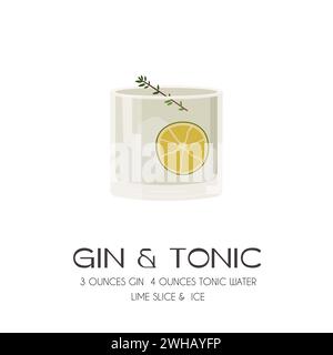 Gin Tonic Cocktail on the rocks garnished with slice of lime and green herb. Summer aperitif retro poster. Minimalist print with alcoholic beverage on Stock Vector