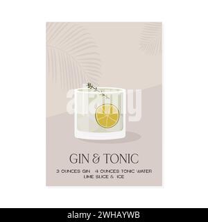 Gin Tonic Cocktail on the rocks garnished with slice of lime and herb twig. Summer aperitif retro vertical poster. Minimalist print with alcoholic Stock Vector