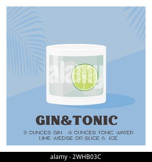 Gin Tonic Cocktail garnished with slice of lime. Summer aperitif square poster. Minimalist print with classic alcoholic beverage on background with Stock Vector