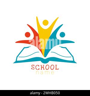 School logo, creative concept. Open book and positive students, colorful design. Isolated icon. Identity idea. Symbol of learning or reading. Stock Vector